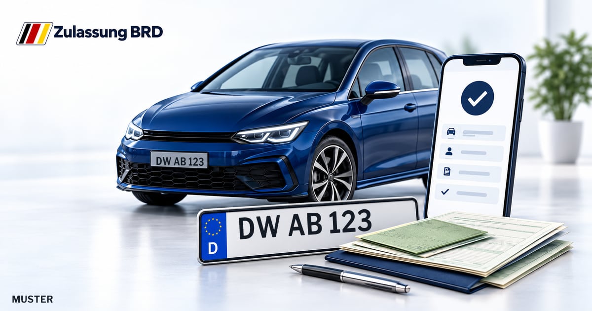 Online Fahrzeugzulassung in Neustadt in Sachsen: Musterkennzeichen DW AB 123, Auto und Fahrzeugpapiere und Smartphone. Illustration mit Logo von Zulassung BRD.